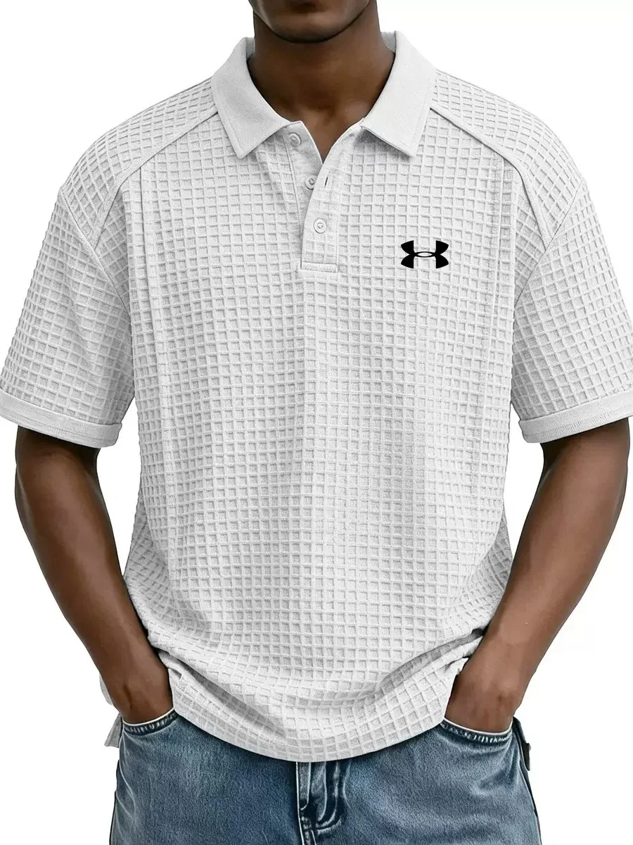 Men's Retro Waffle Knit Collar Short-Sleeve Polo Shirt/T-Shirt