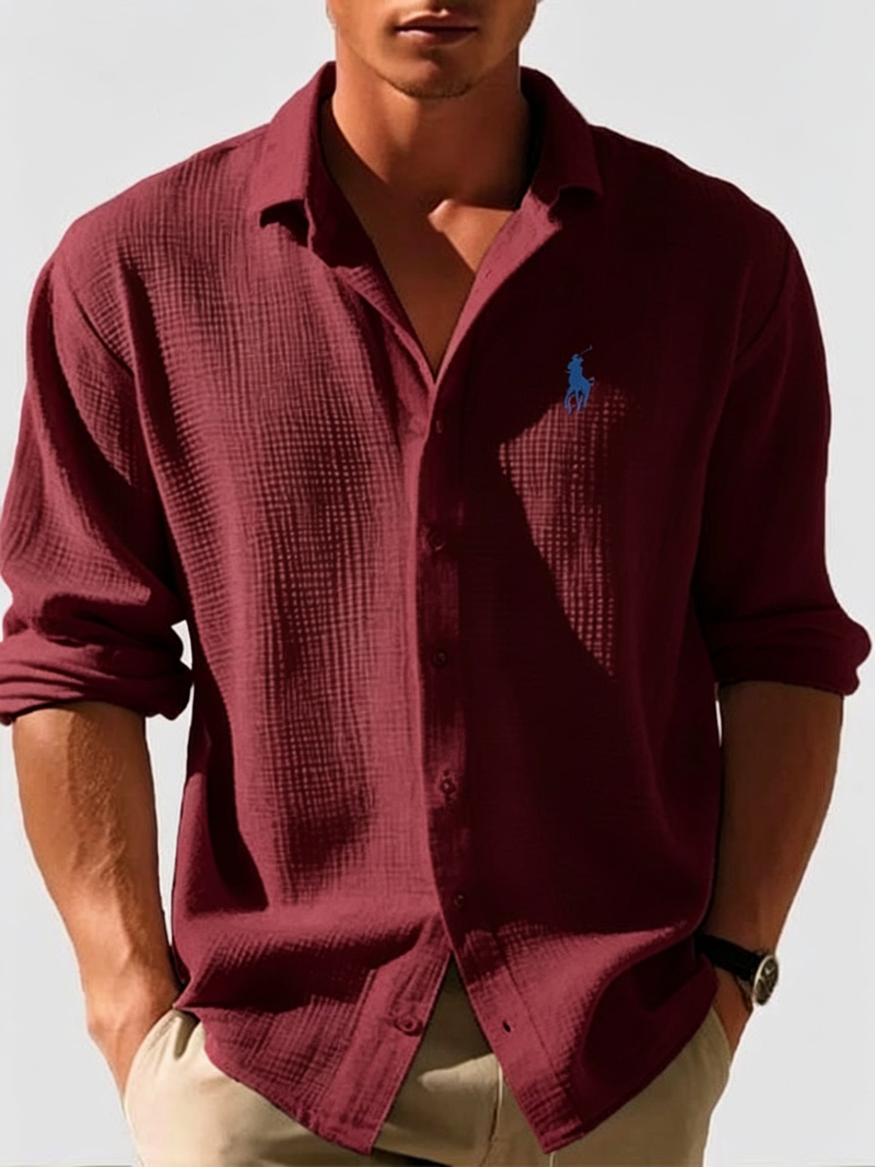 Ralph Lauren | Men's Loose-Fit Waffle-Knit Collared Shirt