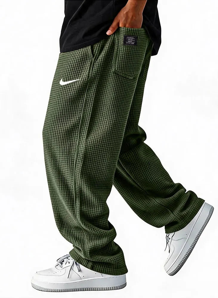 Men Waffle Grid Textured Loose Wide Leg Drawstring Casual Pants