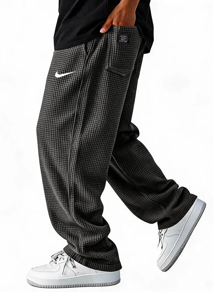 Men Waffle Grid Textured Loose Wide Leg Drawstring Casual Pants