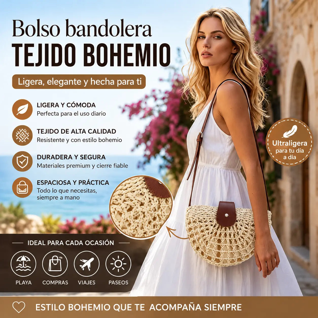 🌿 Handmade Raffia Crossbody Bag with Large Capacity | Elegant, Comfortable and Perfect for Summer