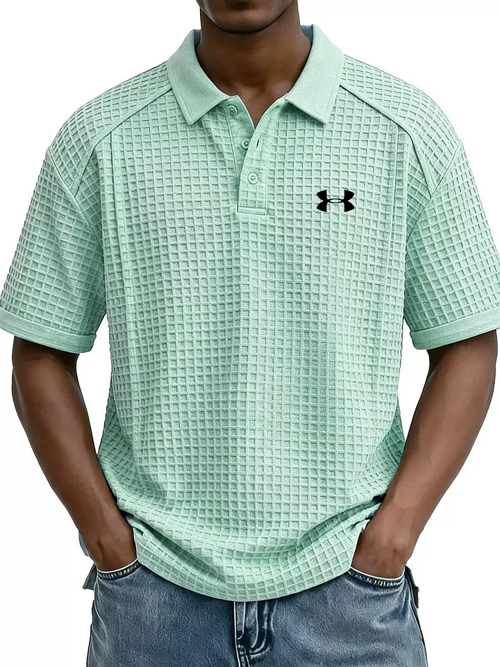 Men's Retro Waffle Knit Collar Short-Sleeve Polo Shirt/T-Shirt