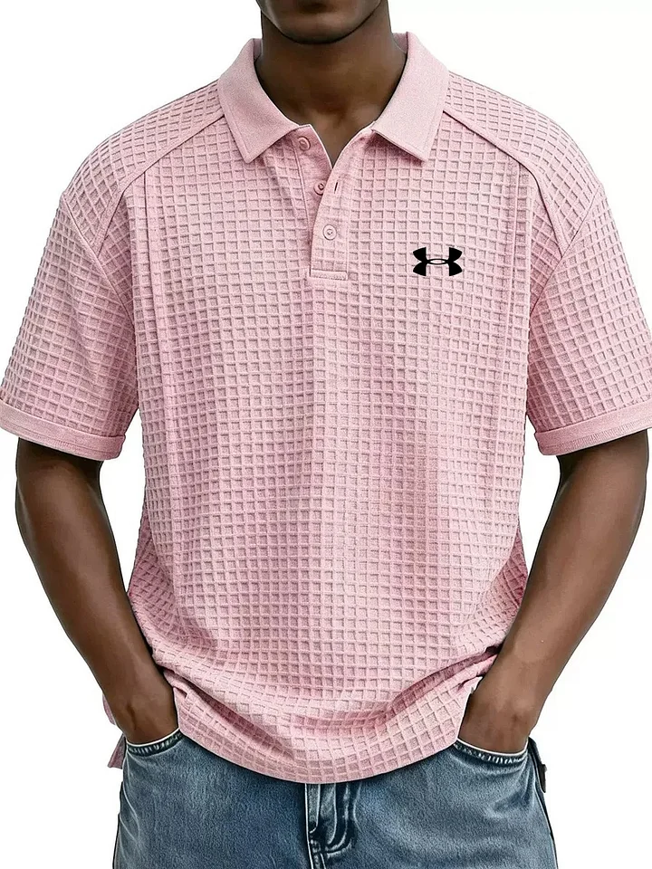 Men's Retro Waffle Knit Collar Short-Sleeve Polo Shirt/T-Shirt