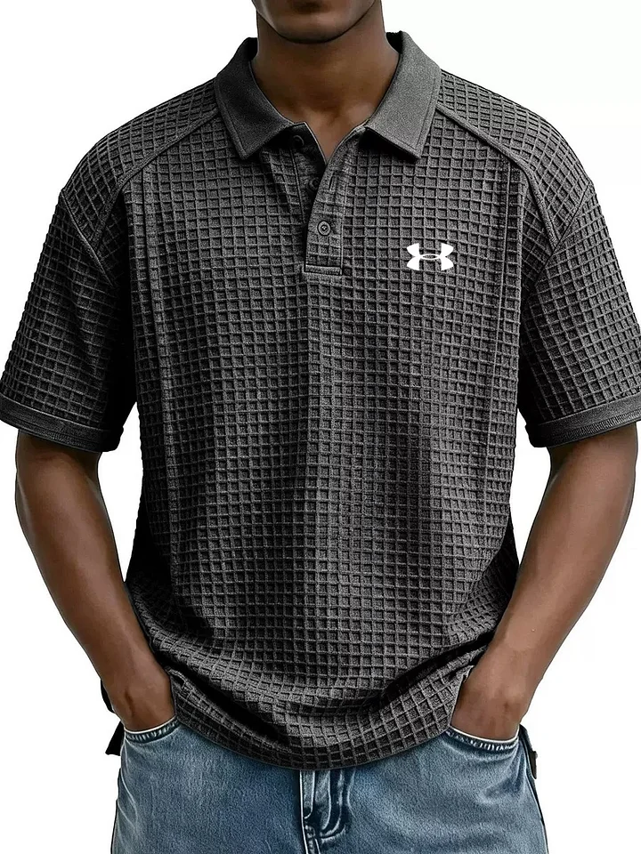 Men's Retro Waffle Knit Collar Short-Sleeve Polo Shirt/T-Shirt