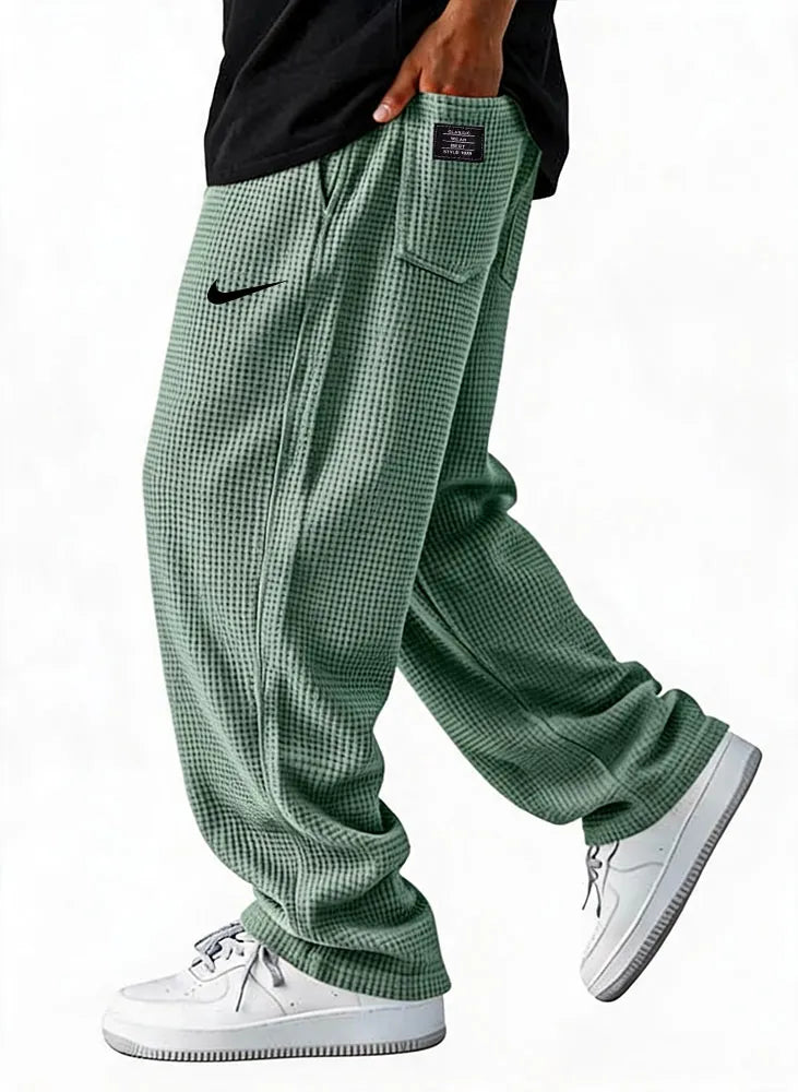 Men Waffle Grid Textured Loose Wide Leg Drawstring Casual Pants