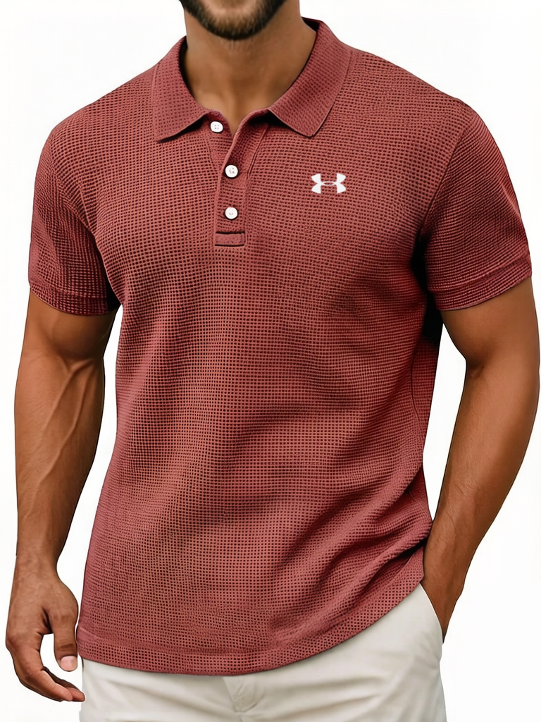 Men's Waffle Vintage Casual Breathable Pinholes Short Sleeve Polo Shirt