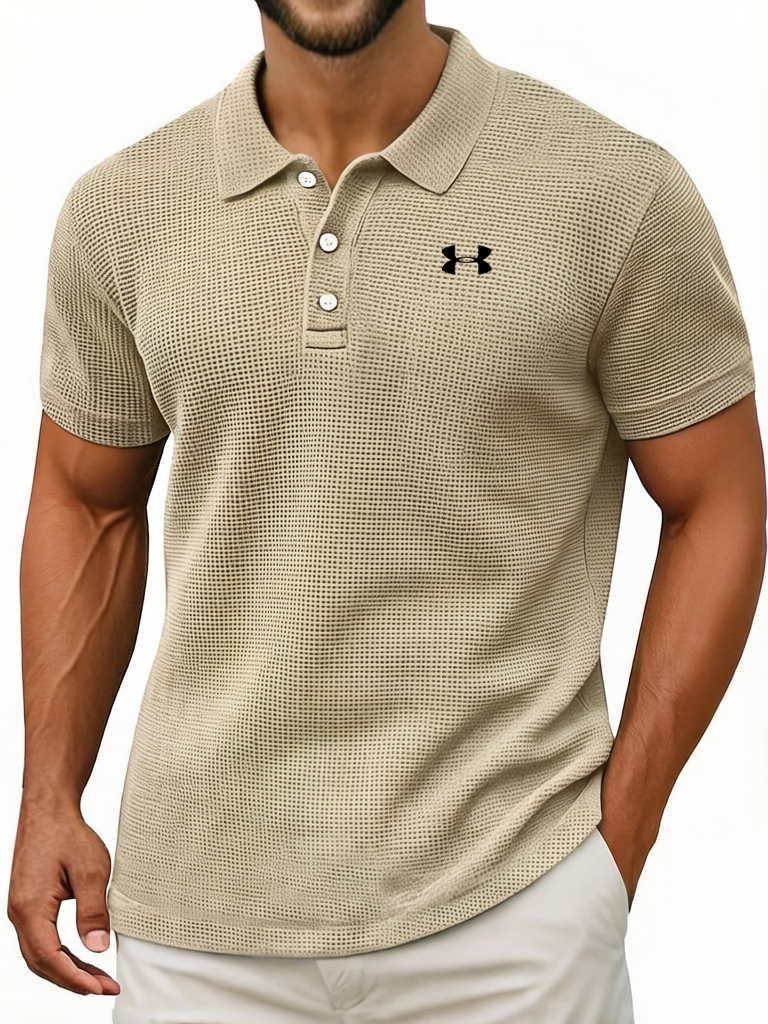 Men's Waffle Vintage Casual Breathable Pinholes Short Sleeve Polo Shirt