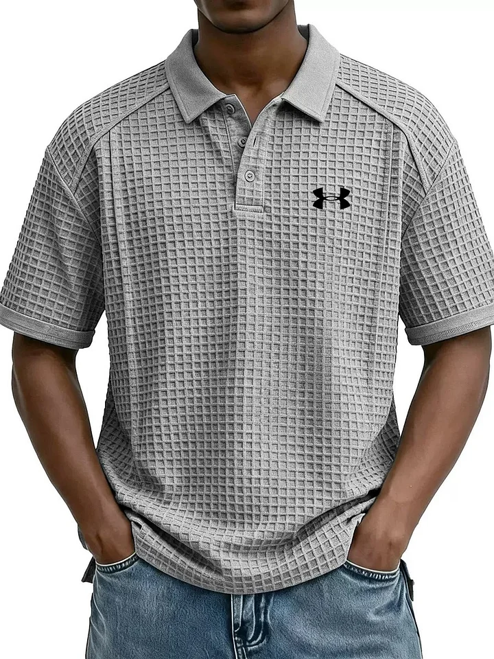 Men's Retro Waffle Knit Collar Short-Sleeve Polo Shirt/T-Shirt