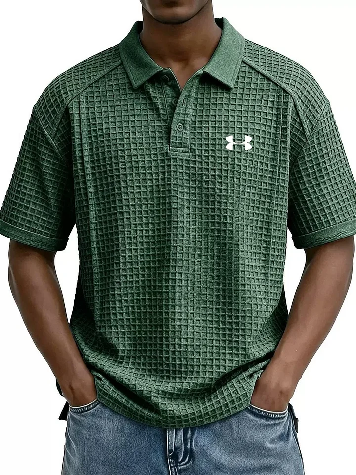 Men's Retro Waffle Knit Collar Short-Sleeve Polo Shirt/T-Shirt