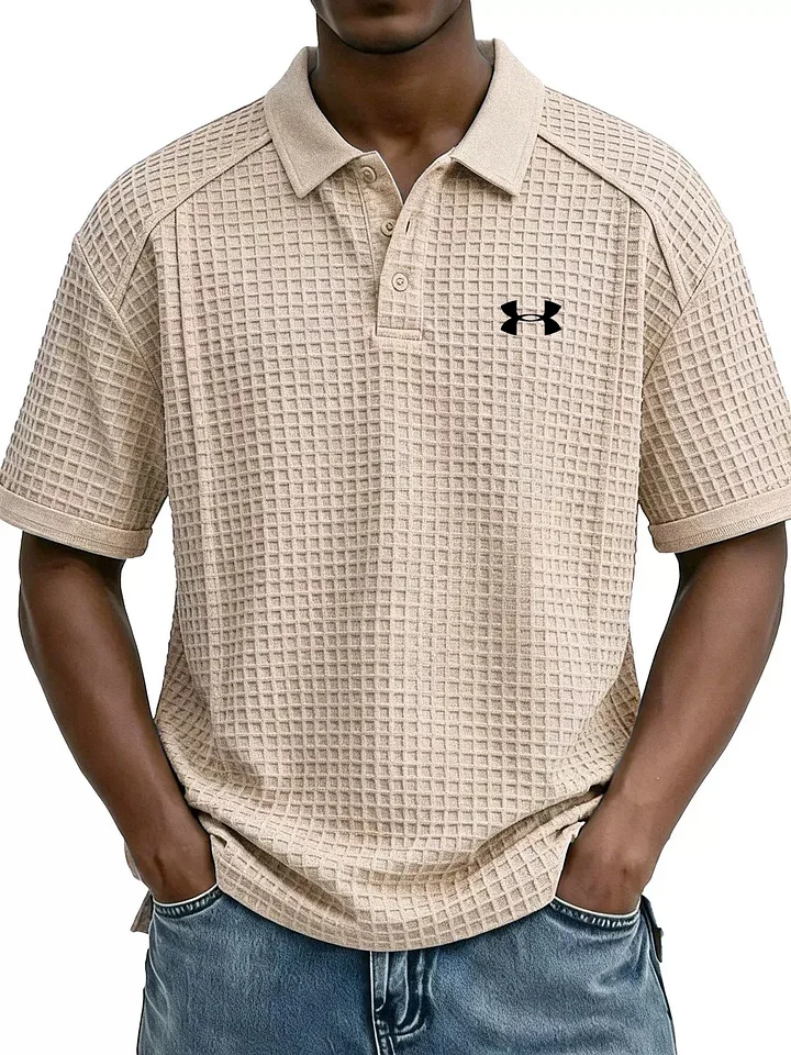 Men's Retro Waffle Knit Collar Short-Sleeve Polo Shirt/T-Shirt