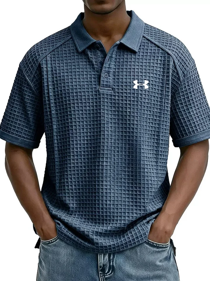 Men's Retro Waffle Knit Collar Short-Sleeve Polo Shirt/T-Shirt
