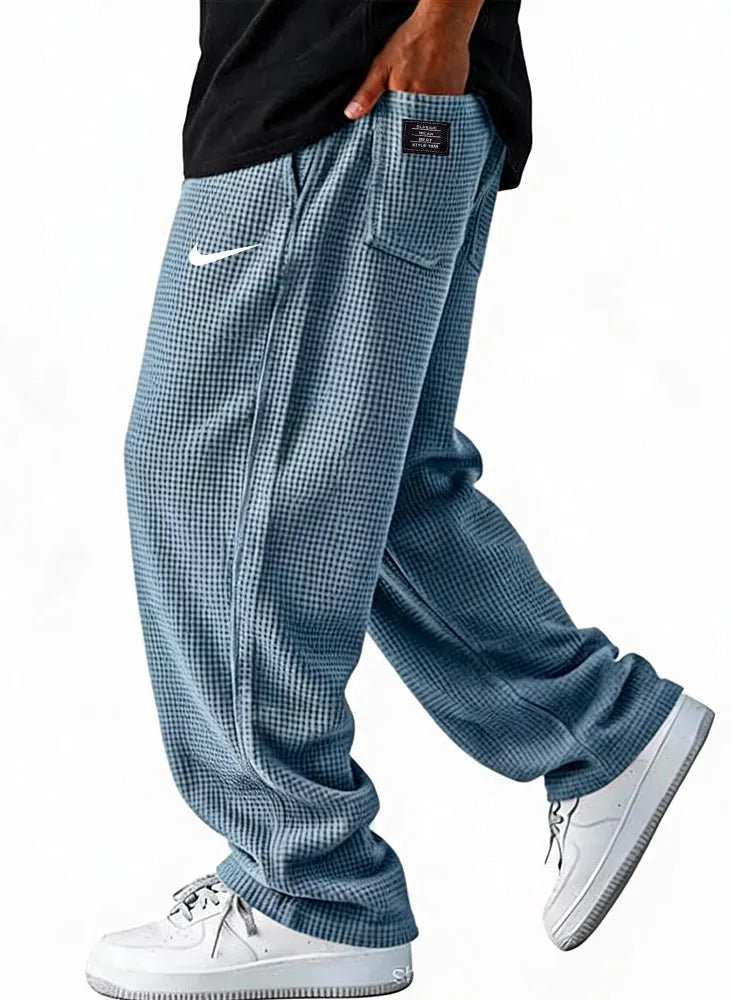 Men Waffle Grid Textured Loose Wide Leg Drawstring Casual Pants