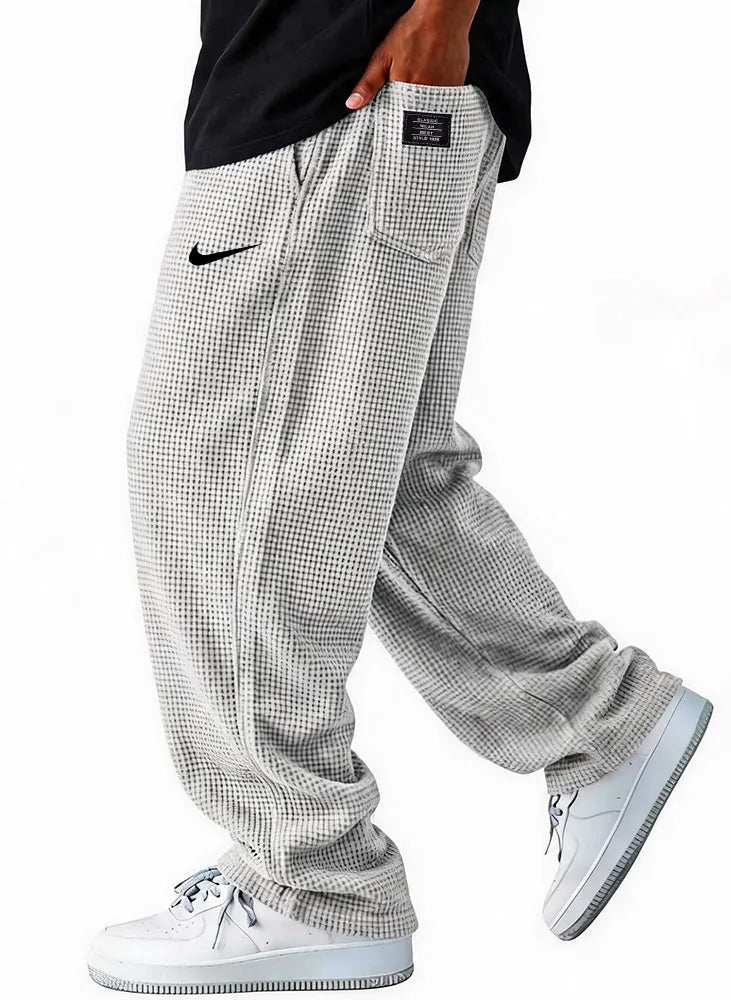 Men Waffle Grid Textured Loose Wide Leg Drawstring Casual Pants
