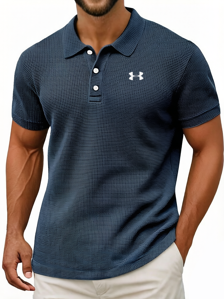 Men's Waffle Vintage Casual Breathable Pinholes Short Sleeve Polo Shirt