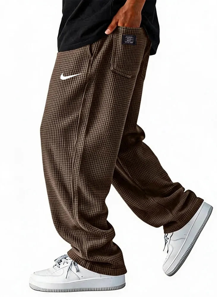 Men Waffle Grid Textured Loose Wide Leg Drawstring Casual Pants