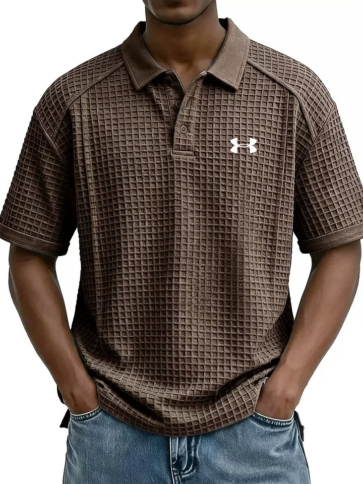 Men's Retro Waffle Knit Collar Short-Sleeve Polo Shirt/T-Shirt